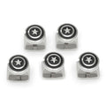 Five Marvel Captain America shield stainless steel button studs arranged on a white surface.