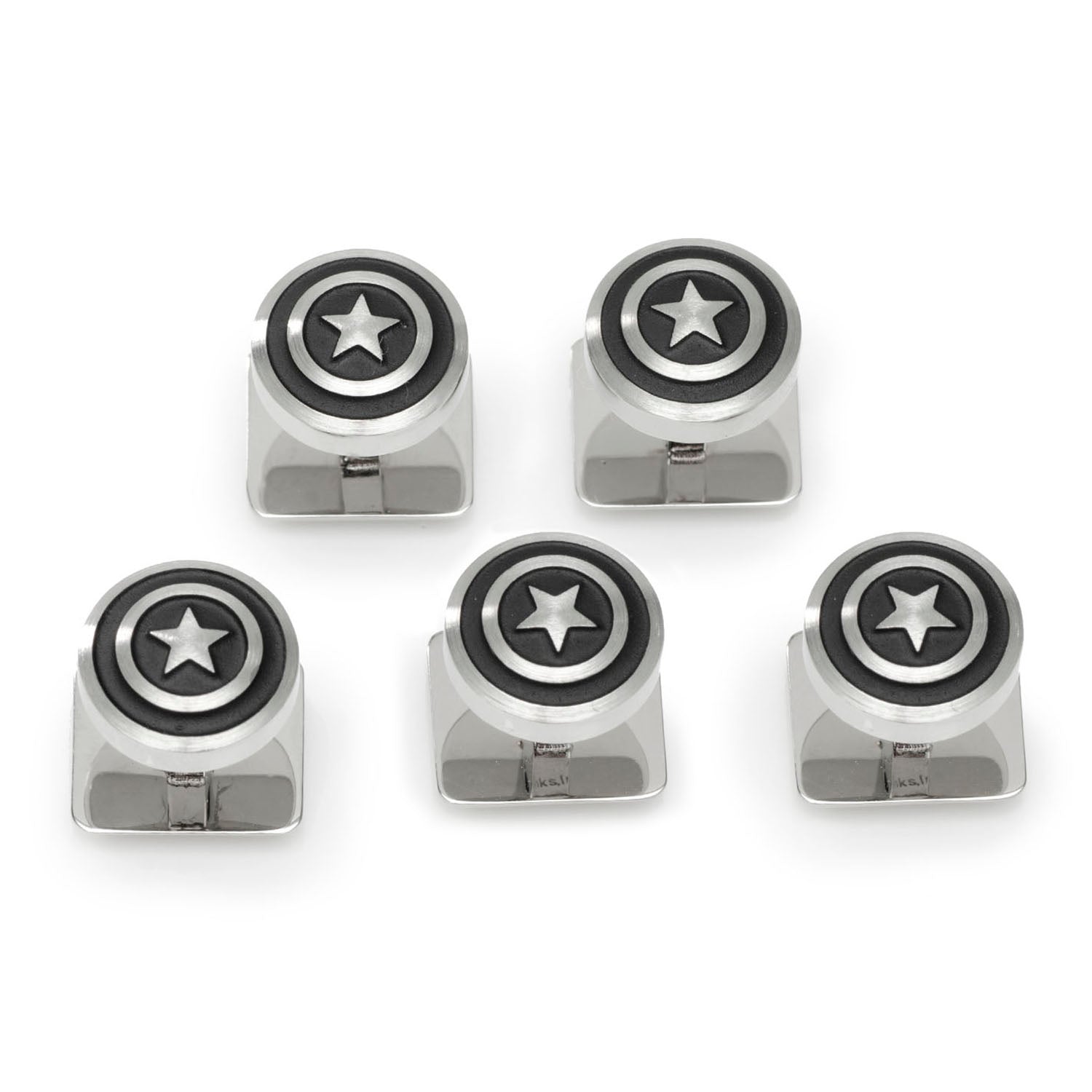 Five Marvel Captain America shield stainless steel button studs arranged on a white surface.