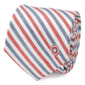 Captain America themed necktie with red, white, and blue diagonal stripes and a small shield logo