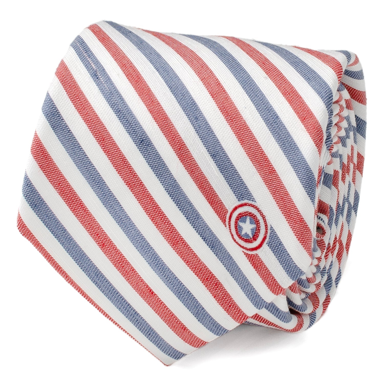 Captain America themed necktie with red, white, and blue diagonal stripes and a small shield logo