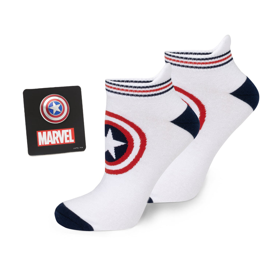 Captain America white ankle socks with red and blue shield logo and matching lapel pin.