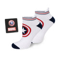 Captain America white ankle socks with red and blue shield logo and matching lapel pin.