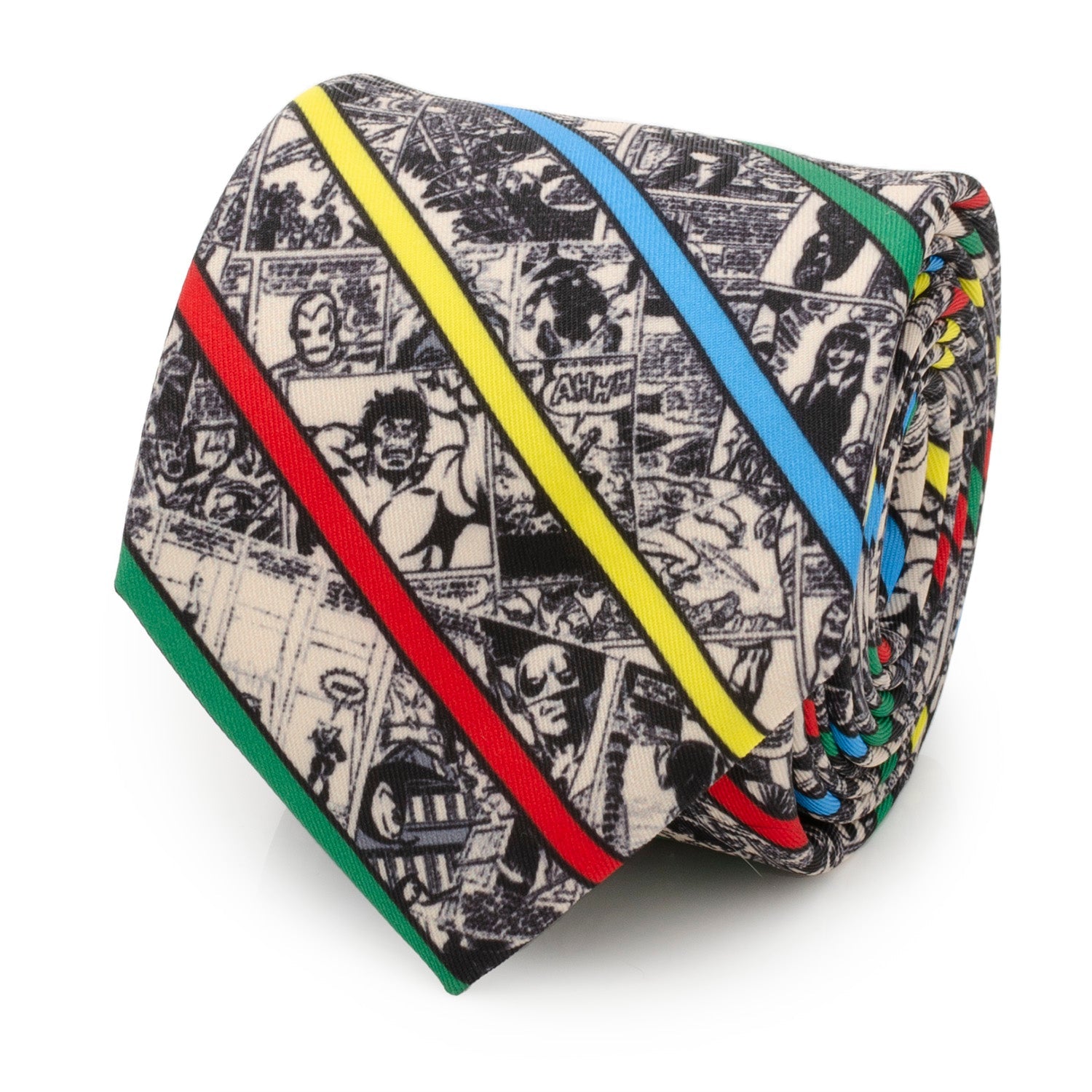 Tan men's tie with black and white comic book panels and vibrant diagonal stripes in red, yellow, blue, and green.