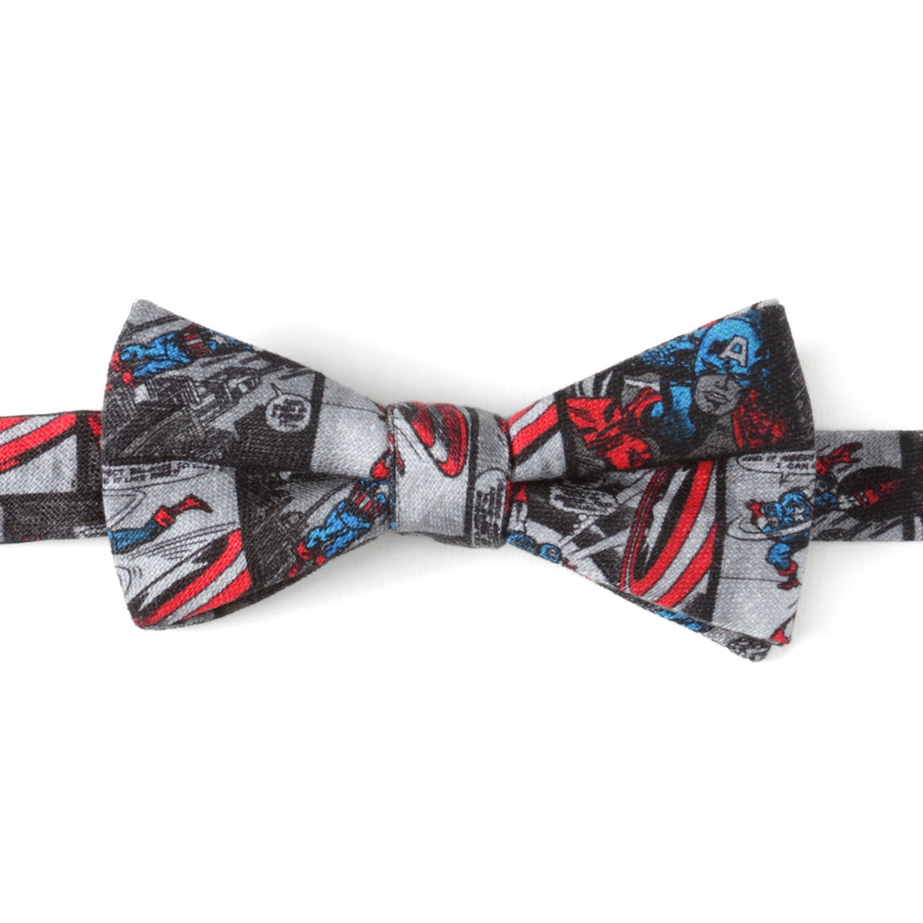 A gray bow tie featuring a Captain America comic book panel pattern
