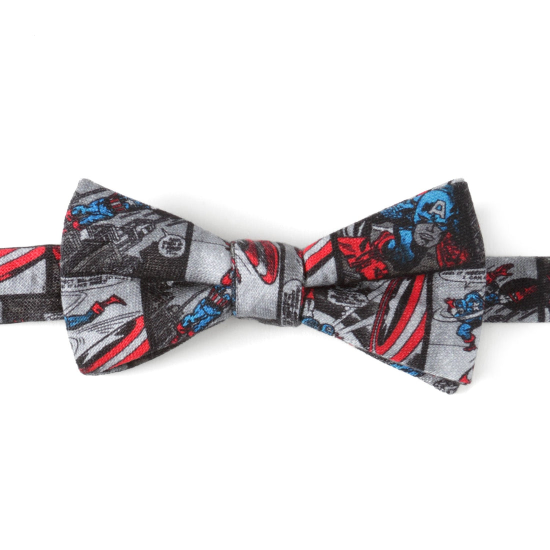 A gray bow tie featuring a Captain America comic book panel pattern