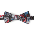 A gray bow tie featuring a Captain America comic book panel pattern