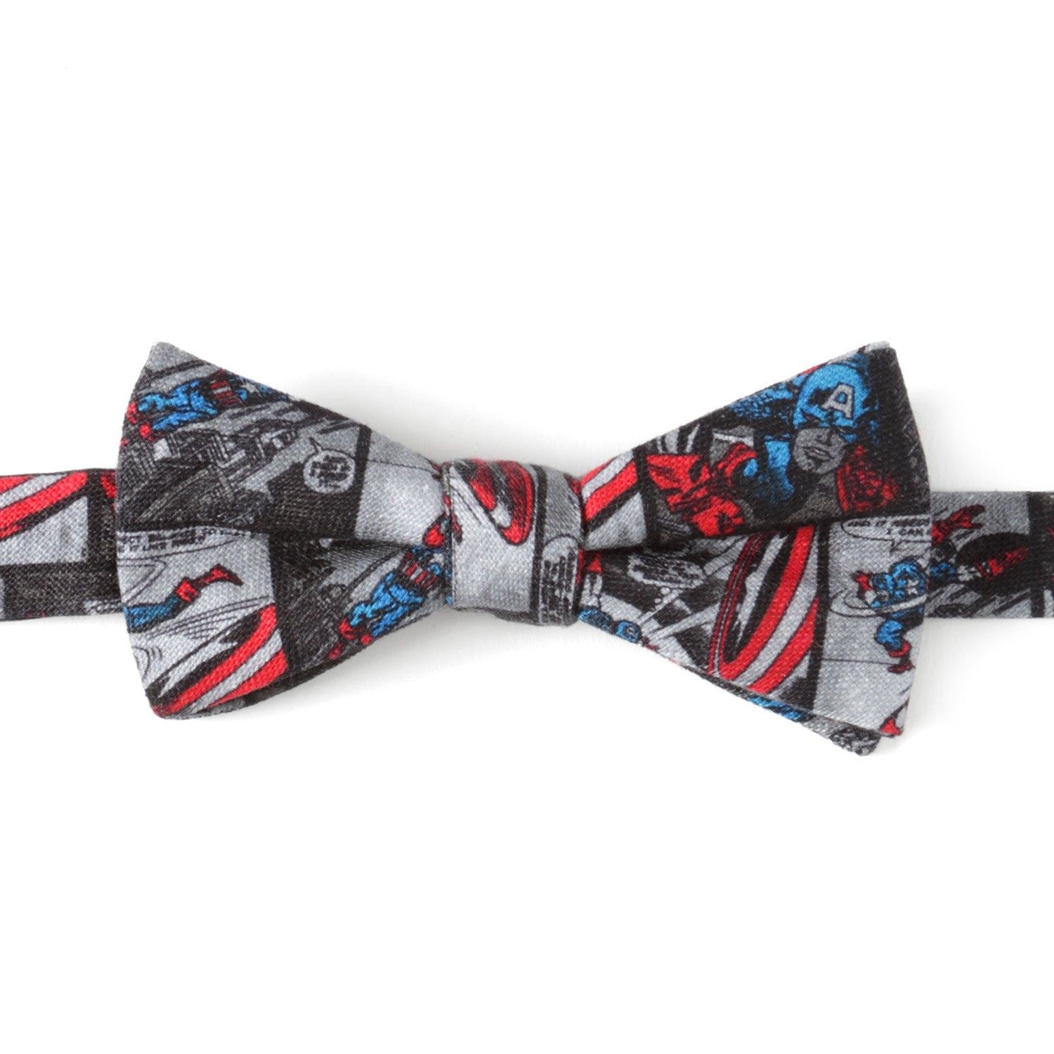A gray bow tie featuring a Captain America comic book panel pattern