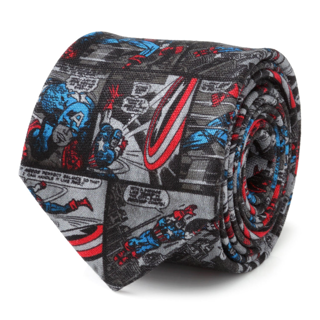 A gray men's necktie featuring Captain America comic book panels with red and blue accents.