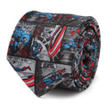 A gray men's necktie featuring Captain America comic book panels with red and blue accents.