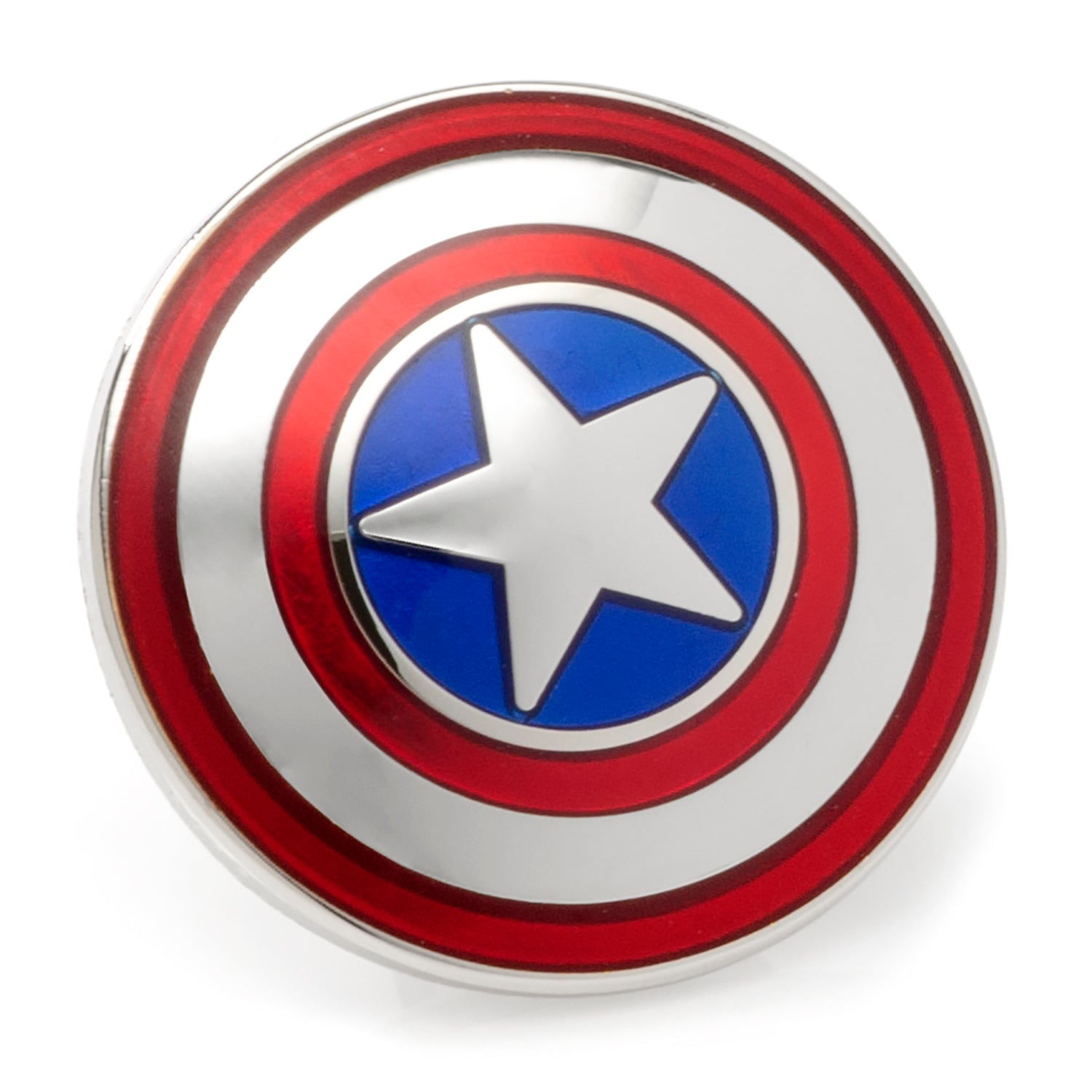 Close up front and back views of the round Captain America shield lapel pin with red, white, and blue enamel and silver-tone metal backing.