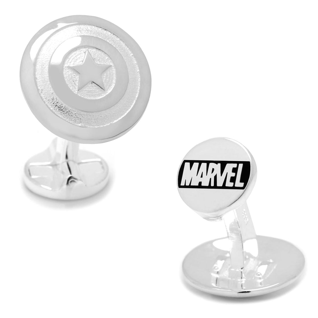 A pair of shiny, 3D sterling silver cufflinks featuring the Captain America shield design and the Marvel logo on the back.
