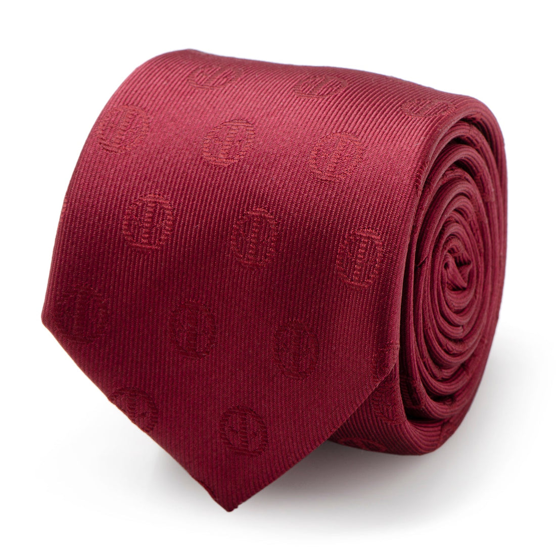 Maroon silk necktie featuring a subtle, repeating Deadpool emblem pattern.