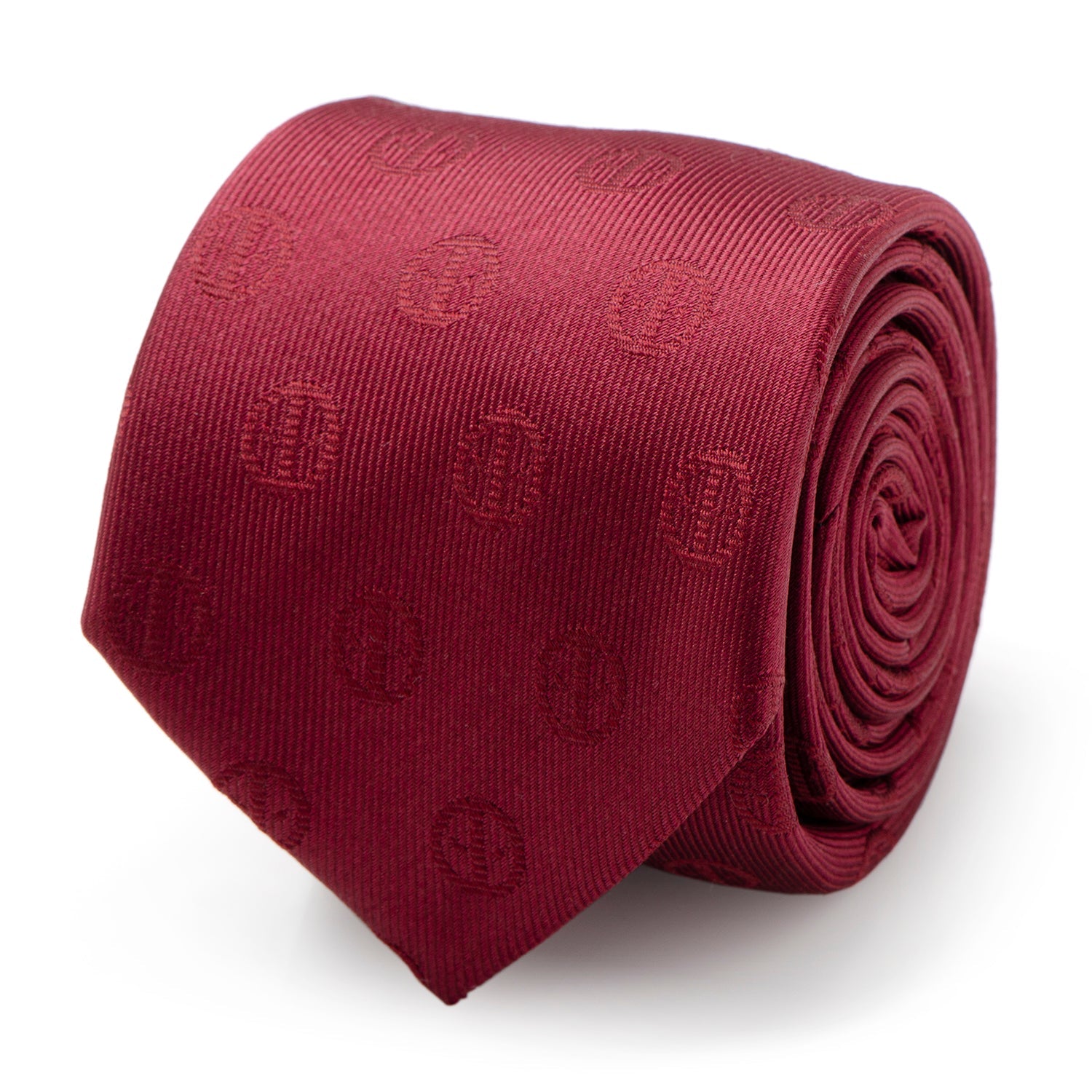 Maroon silk necktie featuring a subtle, repeating Deadpool emblem pattern.