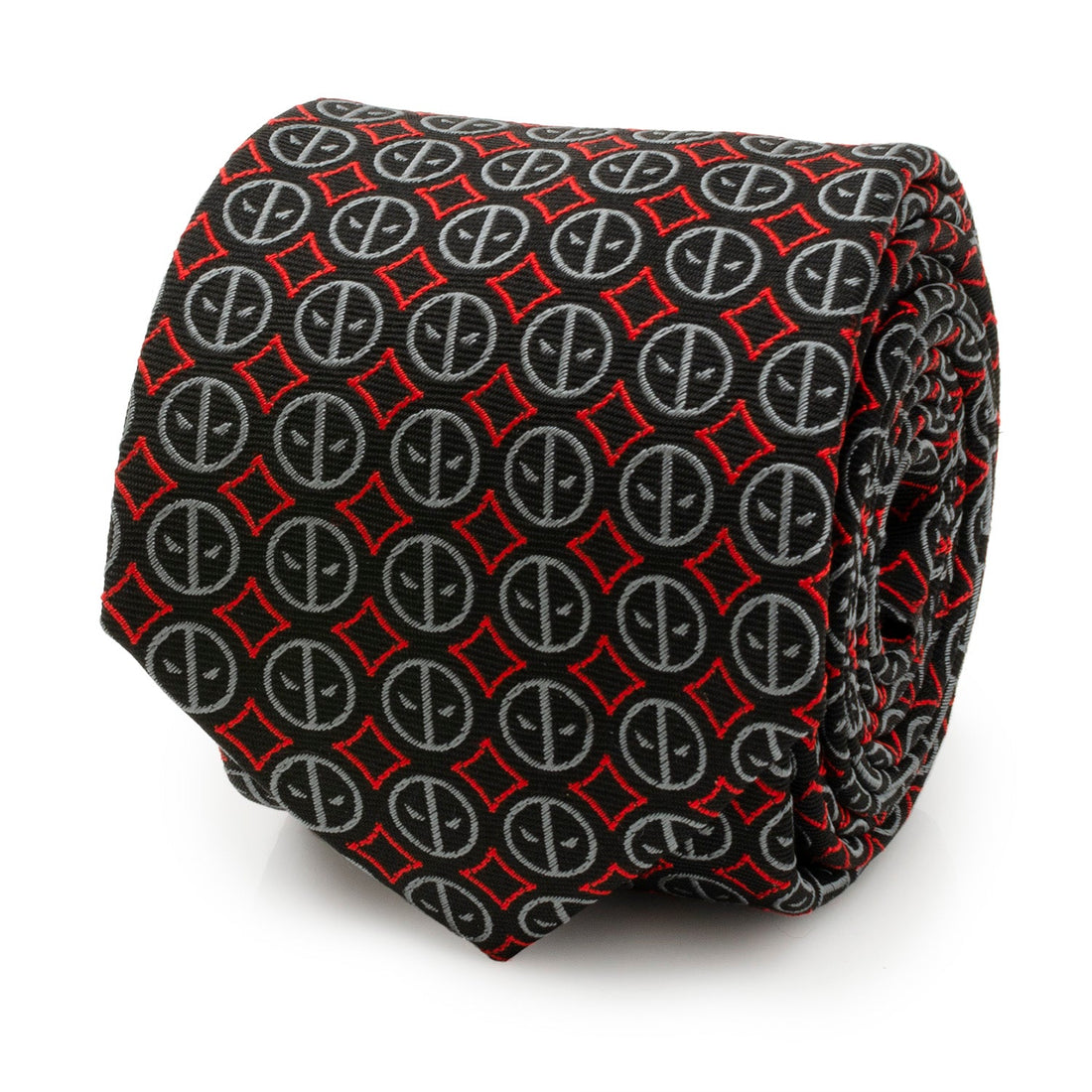 A black necktie featuring a repeating white Deadpool mask logo pattern and red diamond accents.