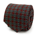 A black necktie featuring a repeating white Deadpool mask logo pattern and red diamond accents.