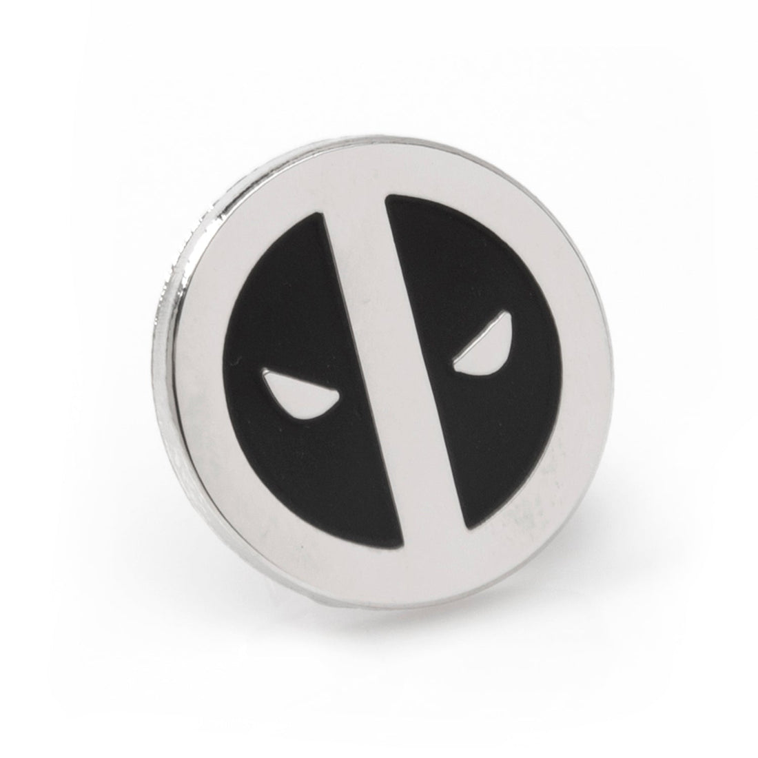 Close up view of a circular Marvel Deadpool silver and black metal lapel pin