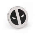 Close up view of a circular Marvel Deadpool silver and black metal lapel pin