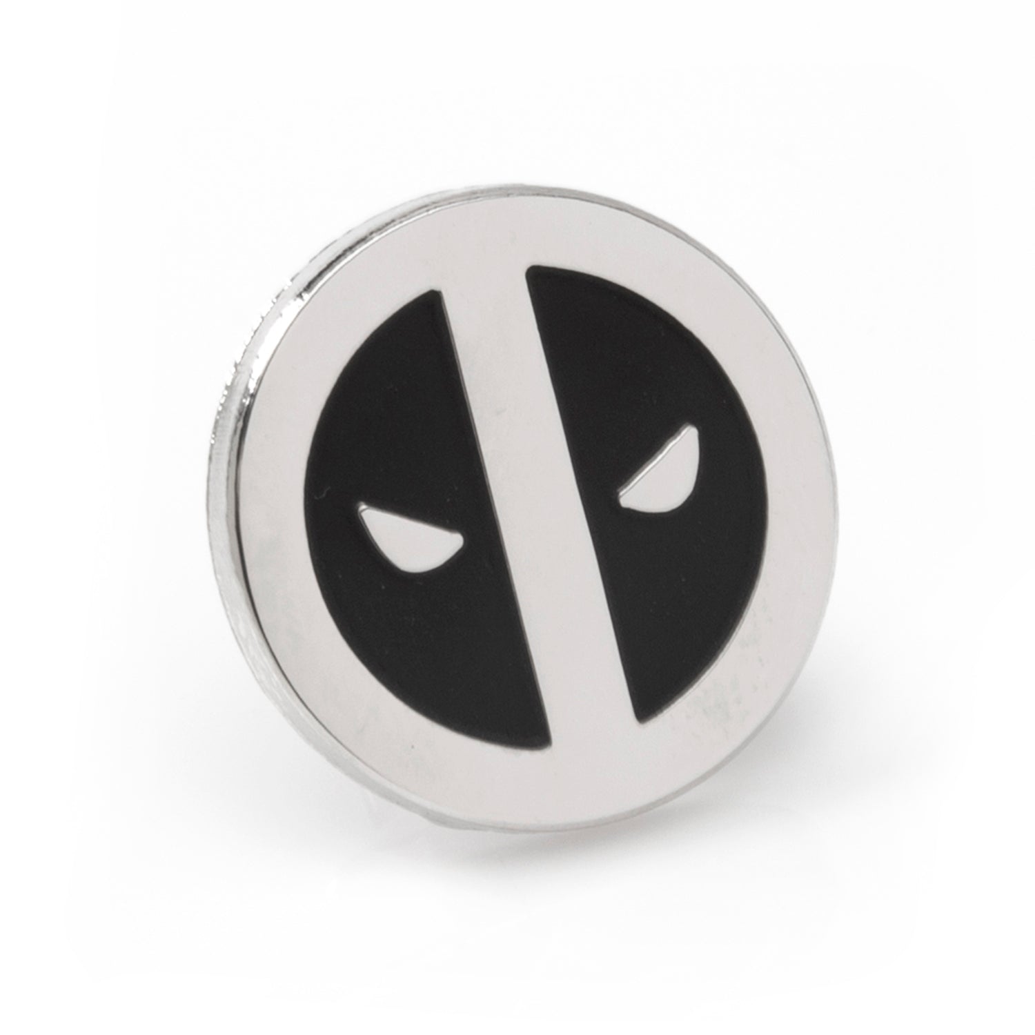 Close up view of a circular Marvel Deadpool silver and black metal lapel pin