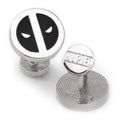 Close-up of Marvel Deadpool silver mask cufflinks with black enamel details