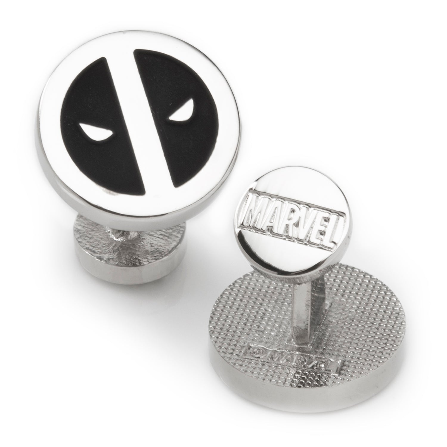 Close-up of Marvel Deadpool silver mask cufflinks with black enamel details