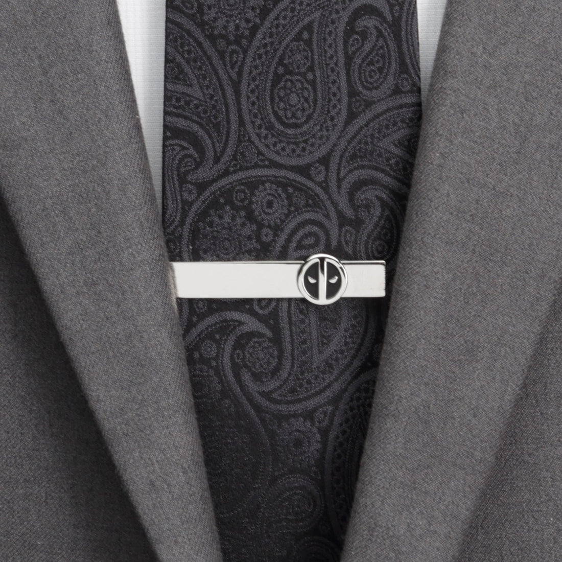 Marvel Deadpool Silver Tie Bar with Matte Black Mask Logo
