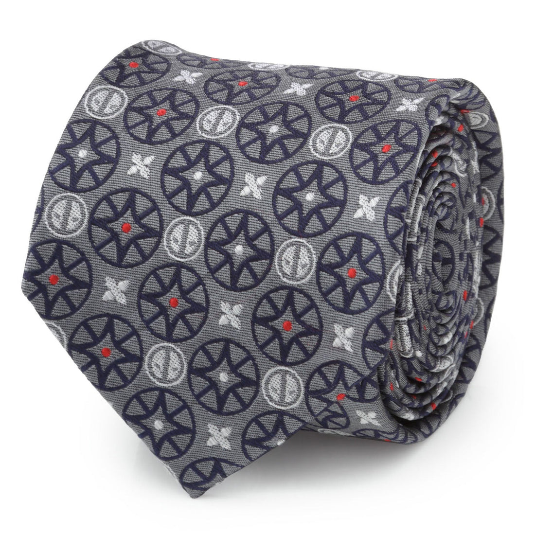 Close up of a gray silk necktie featuring a repeating navy and red Deadpool-themed stained glass pattern.