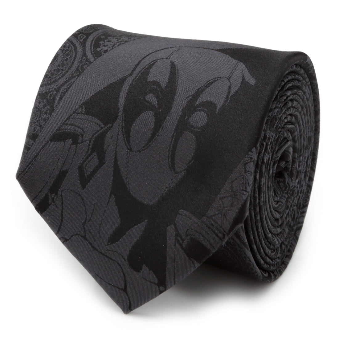 Deadpool hidden paisley black silk necktie with subtle Marvel character design