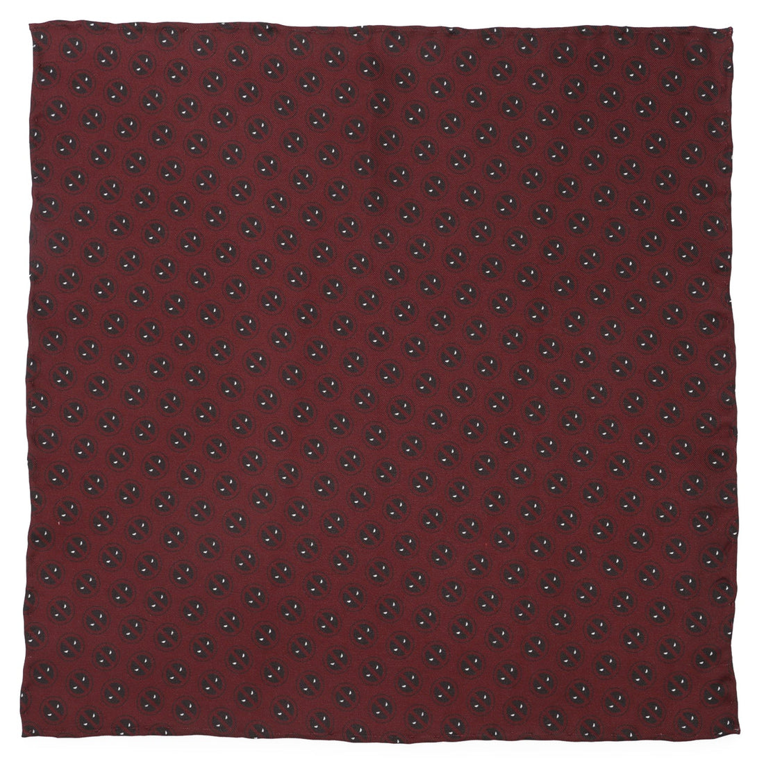 Folded red silk pocket square with a repeating black and white Deadpool mask pattern.