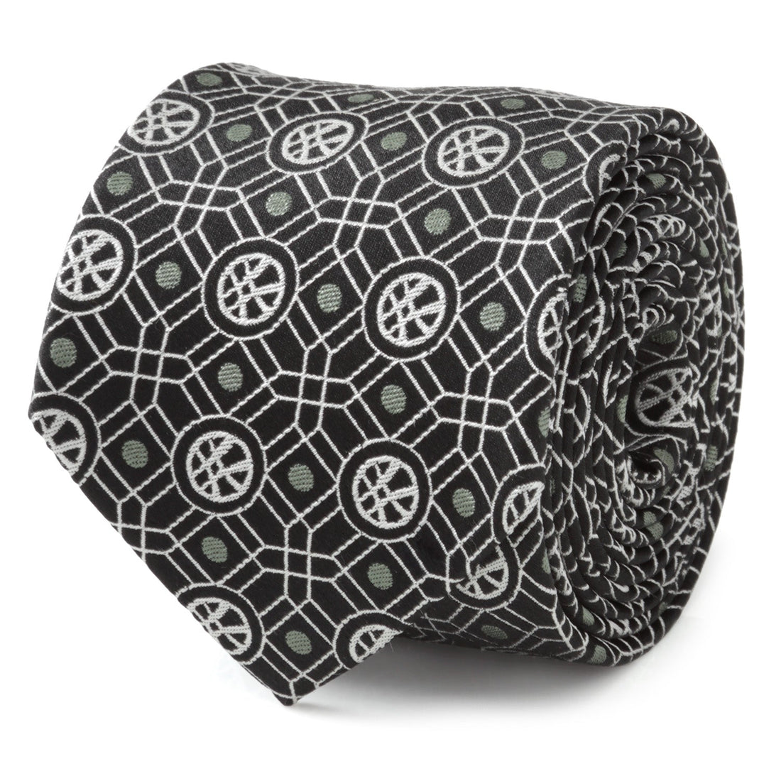 Close up of black Marvel Doctor Strange necktie with geometric pattern and sage green dots