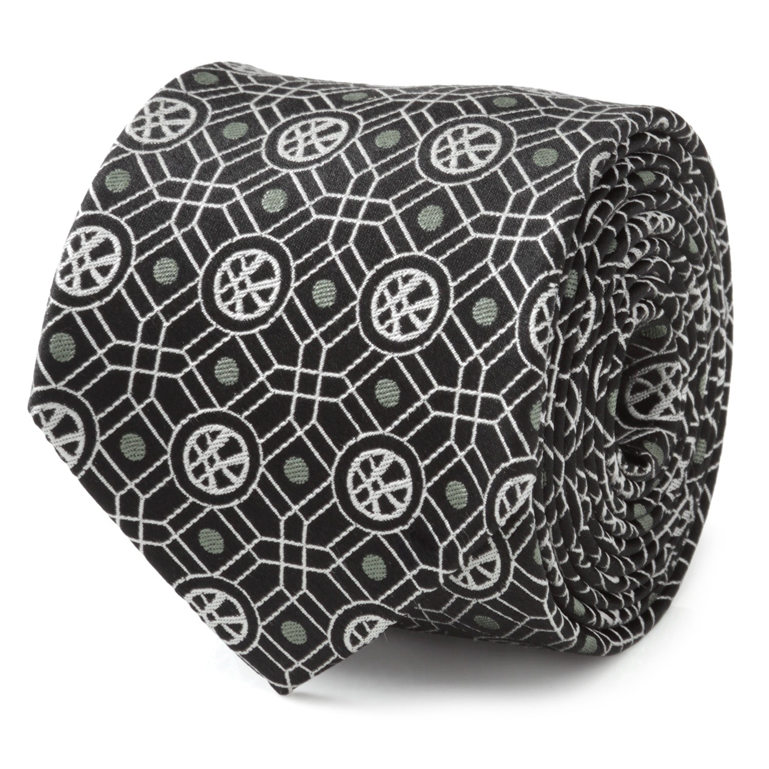 Close up of black Marvel Doctor Strange necktie with geometric pattern and sage green dots