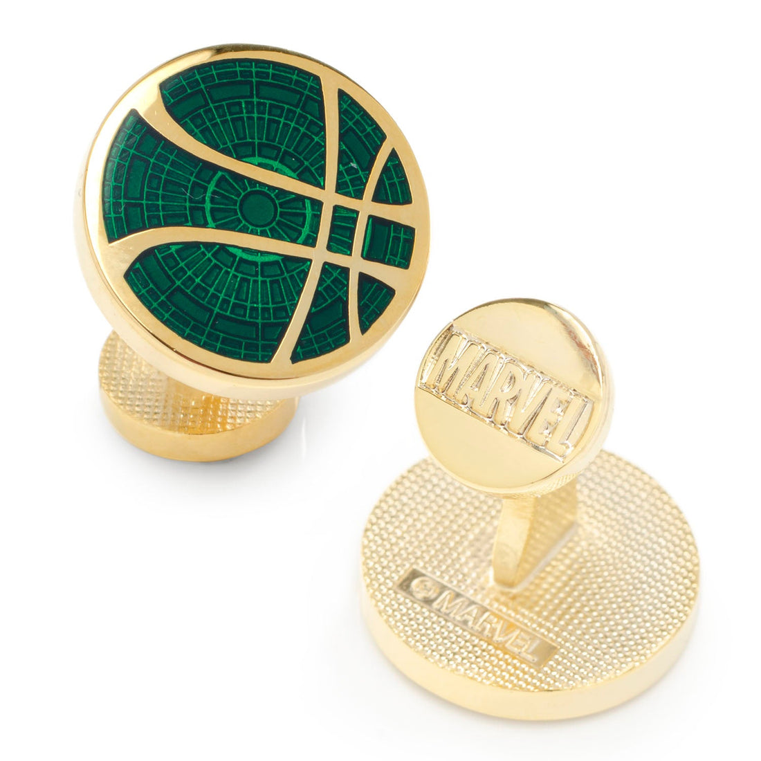 Gold Doctor Strange Symbol Cufflinks with Green Time Stone Design - Image 2