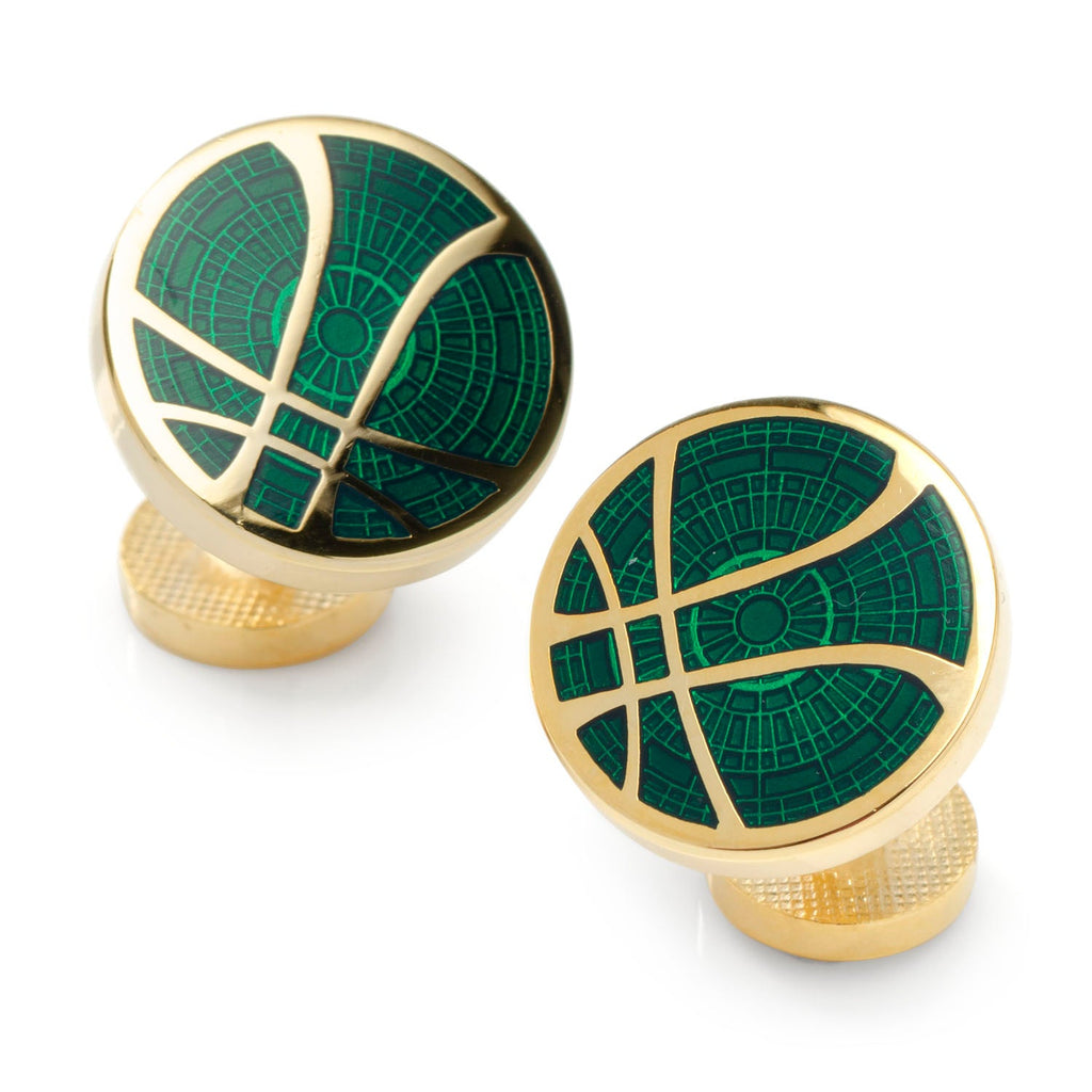 A pair of gold Doctor Strange cufflinks featuring a round green Time Stone symbol.