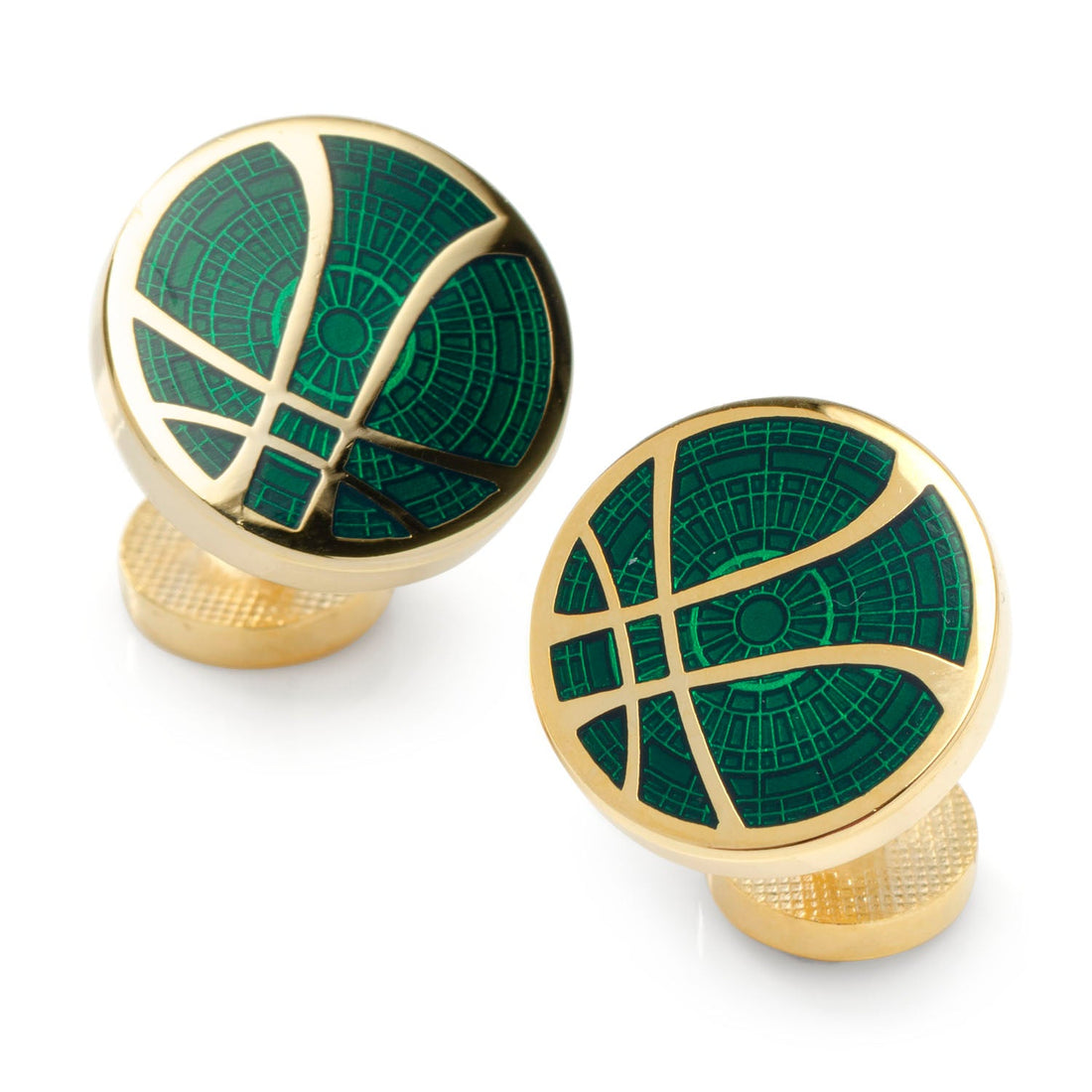 A pair of gold Doctor Strange cufflinks featuring a round green Time Stone symbol.