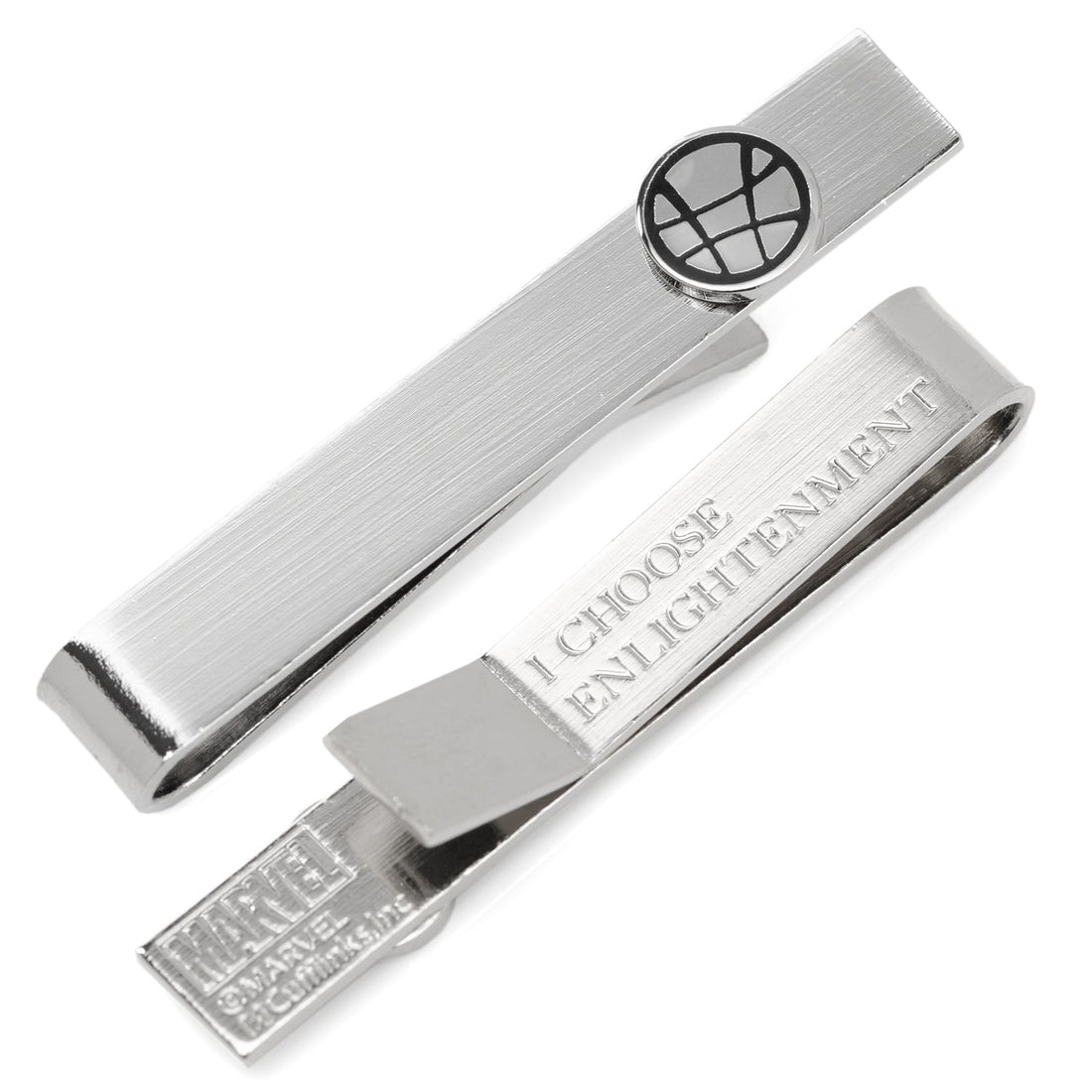 Silver tone Doctor Strange logo tie bar with hidden message on the reverse side