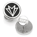 A pair of Marvel Falcon cufflinks featuring a matte black logo on a silver-tone circular base.