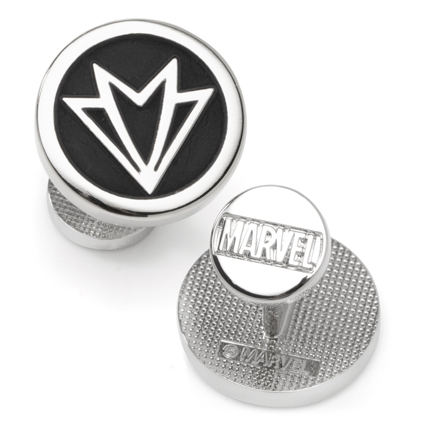 A pair of Marvel Falcon cufflinks featuring a matte black logo on a silver-tone circular base.