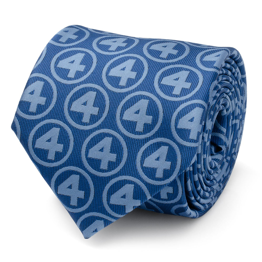 Close up of a blue men's necktie featuring a repeating Fantastic Four "4" logo pattern
