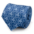 Close up of a blue men's necktie featuring a repeating Fantastic Four "4" logo pattern
