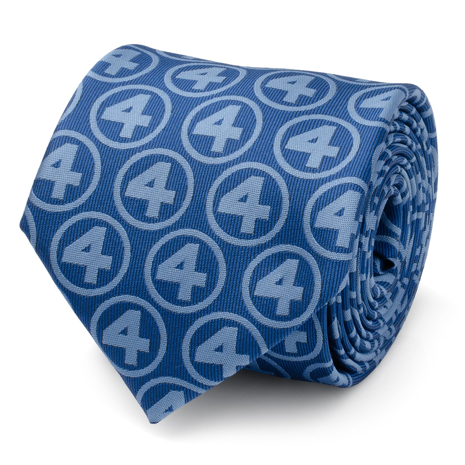 Close up of a blue men's necktie featuring a repeating Fantastic Four "4" logo pattern