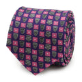 A close-up of a purple necktie featuring repeating silver patterns of Guardians of the Galaxy characters and pink squares on a white background.