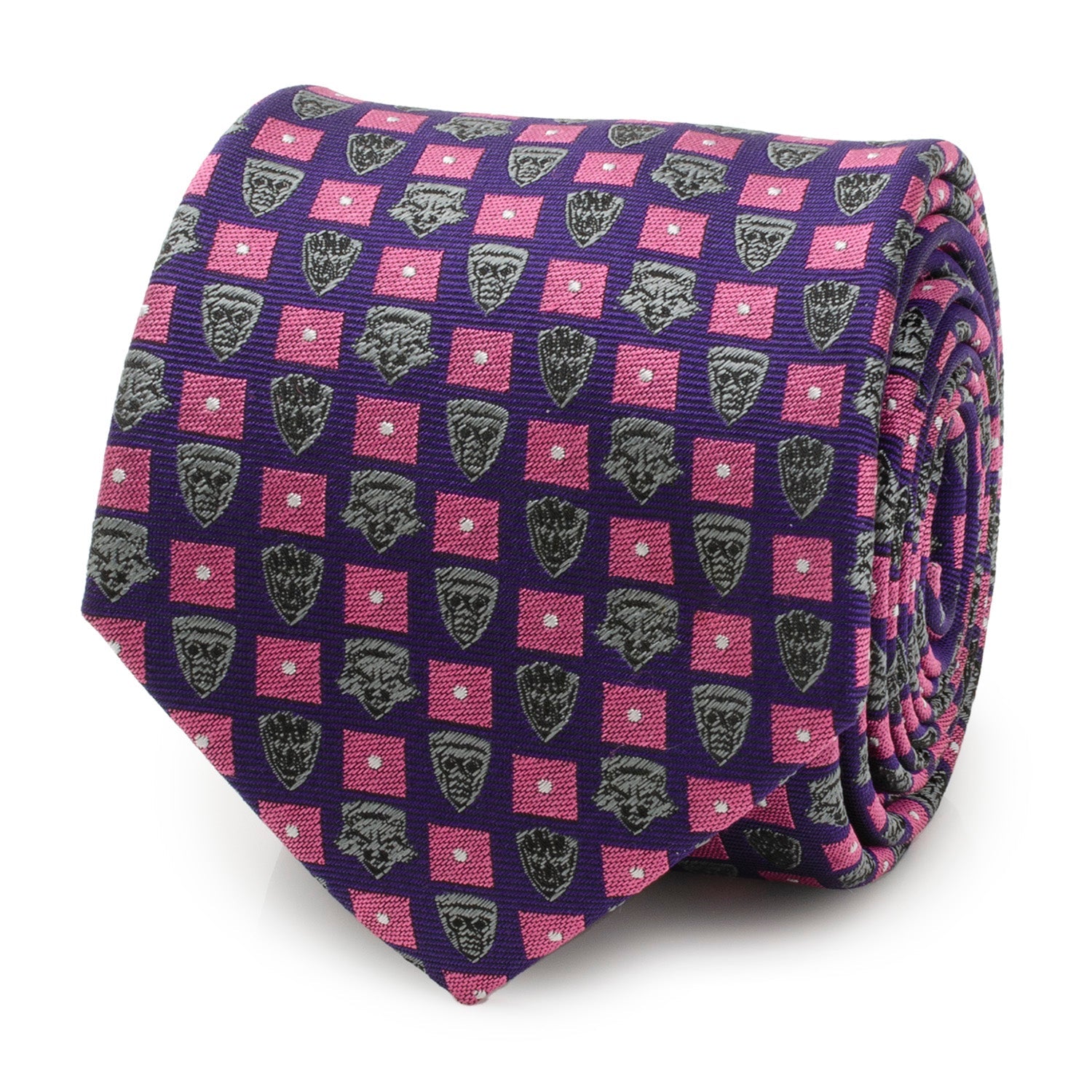 A close-up of a purple necktie featuring repeating silver patterns of Guardians of the Galaxy characters and pink squares on a white background.