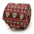 Marvel Guardians of the Galaxy themed red necktie with a Fair Isle print featuring Starlord, Rocket Raccoon, and Groot motifs.