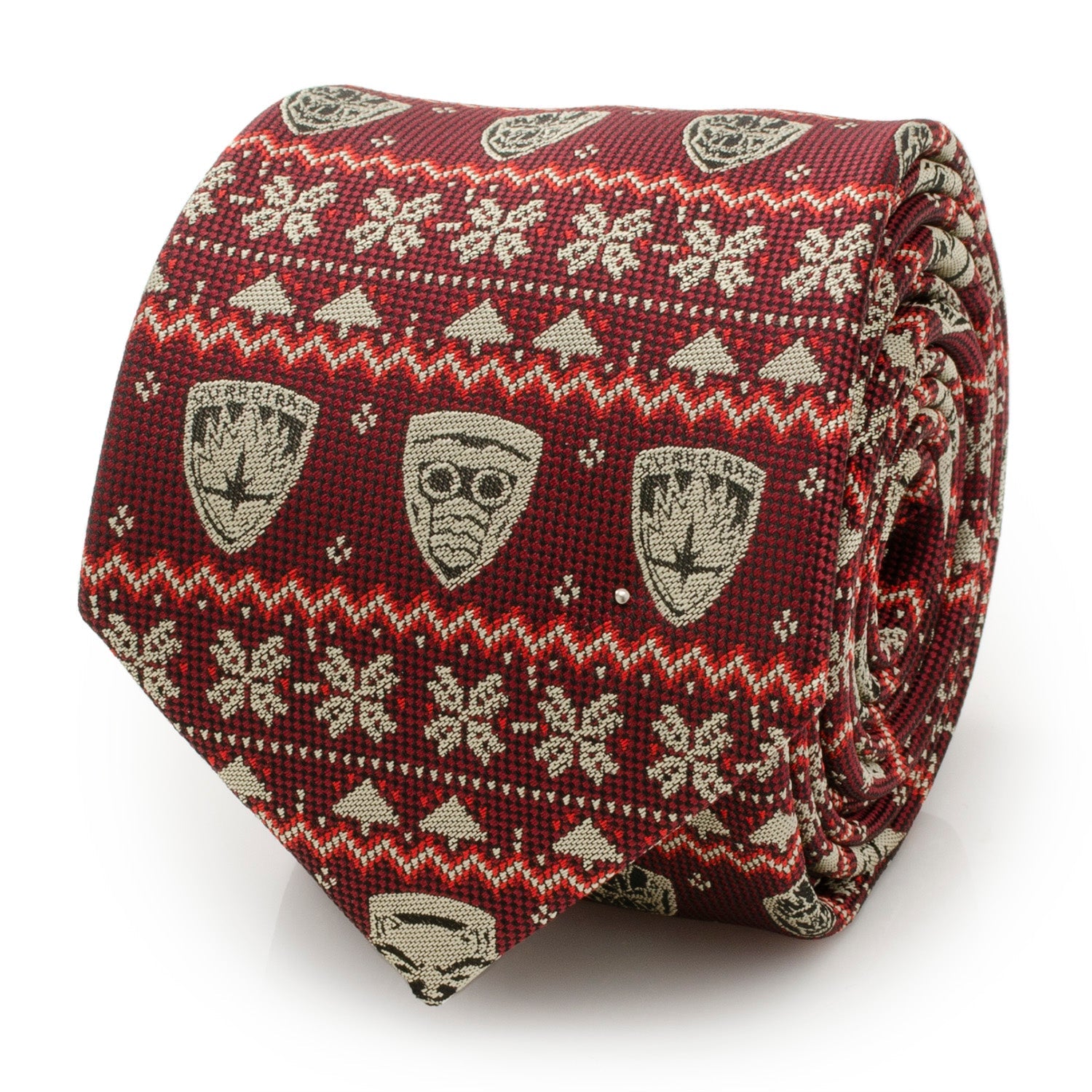 Marvel Guardians of the Galaxy themed red necktie with a Fair Isle print featuring Starlord, Rocket Raccoon, and Groot motifs.