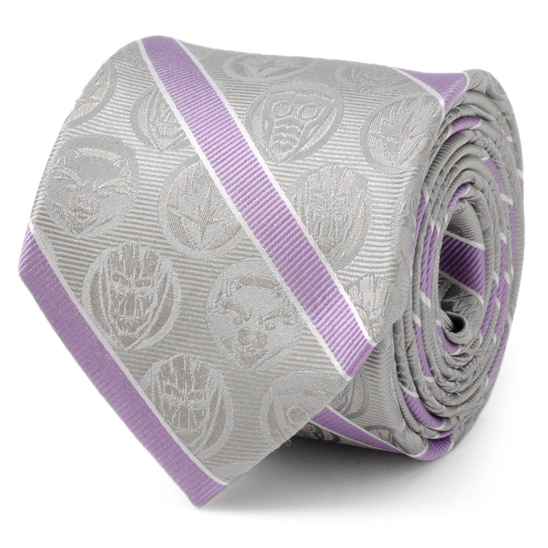 Marvel Guardians of the Galaxy gray and lavender striped silk tie with character motifs