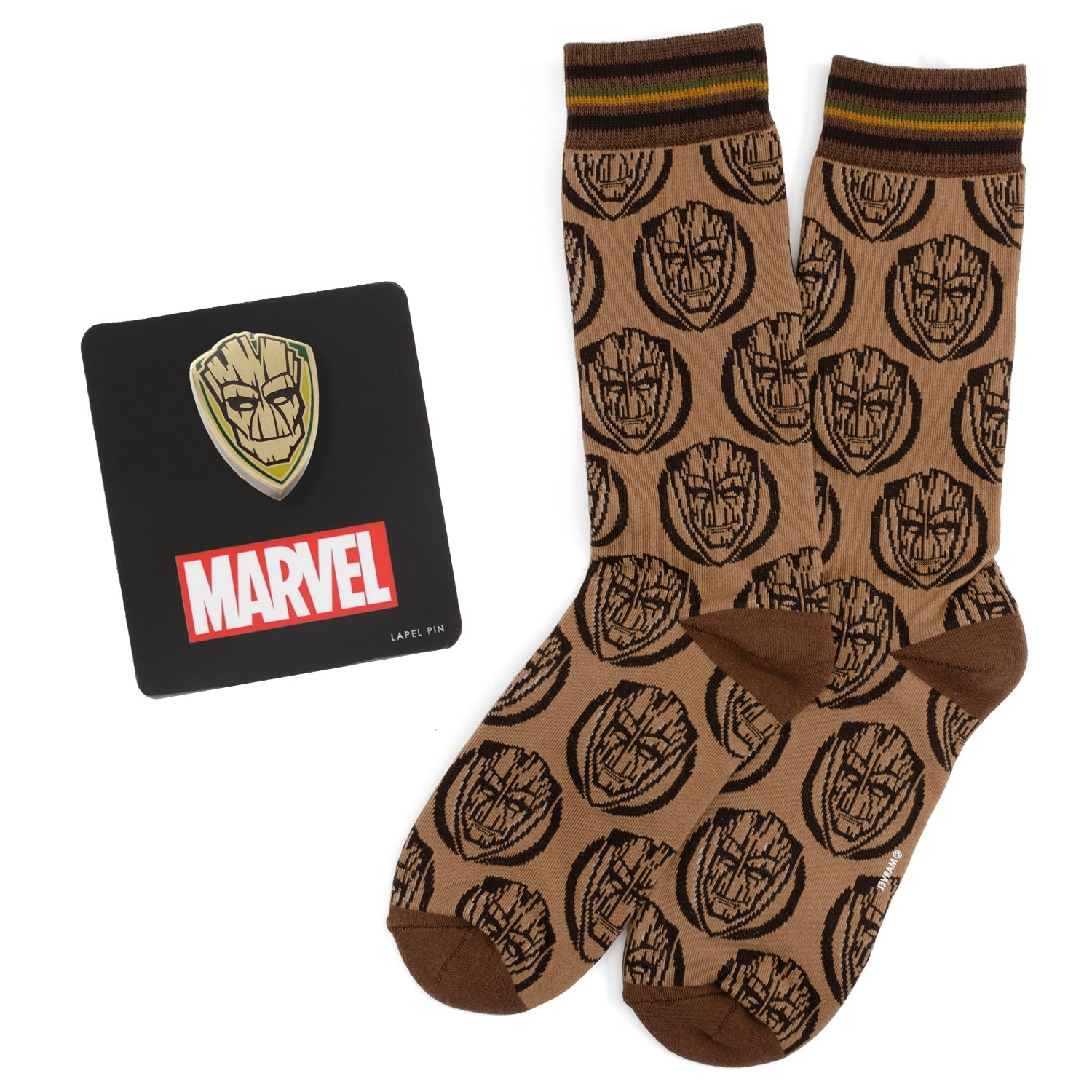 A Marvel Guardians of the Galaxy gift set containing a pair of brown crew socks with a Groot face pattern and a matching Groot character lapel pin.