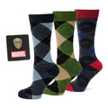 Three pairs of Marvel Guardians of the Galaxy themed argyle crew socks and a Marvel lapel pin in a gift box
