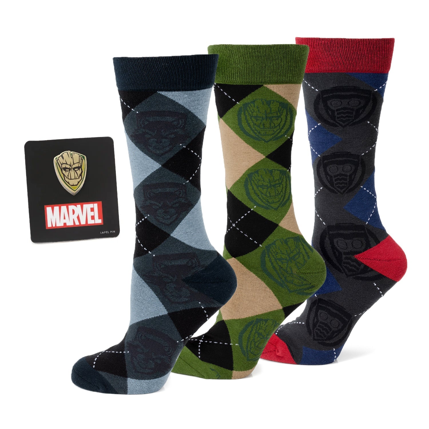 Three pairs of Marvel Guardians of the Galaxy themed argyle crew socks and a Marvel lapel pin in a gift box