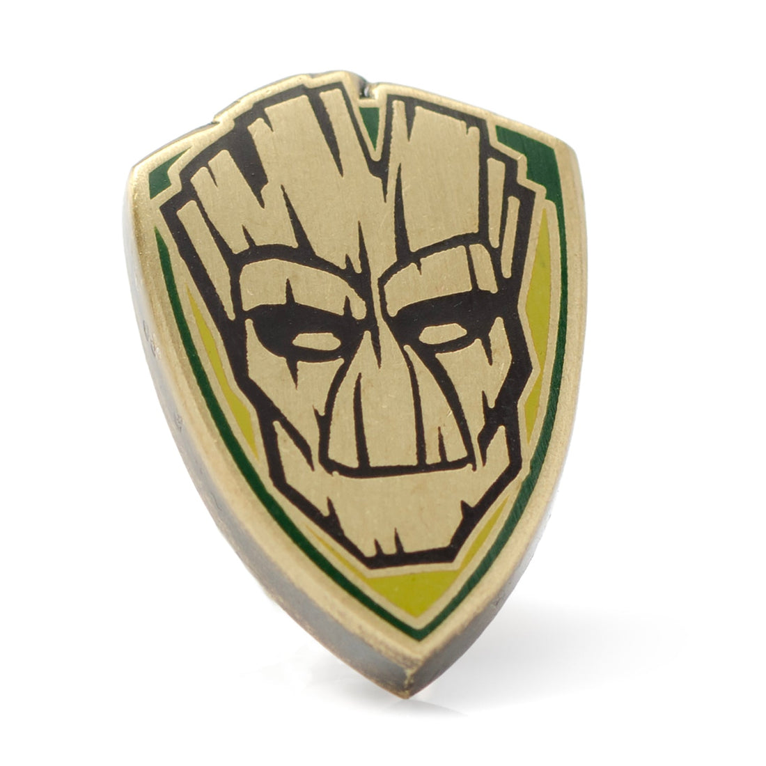 Close-up of a shield-shaped Marvel Groot lapel pin featuring a bronze bark texture against green and yellow accents.