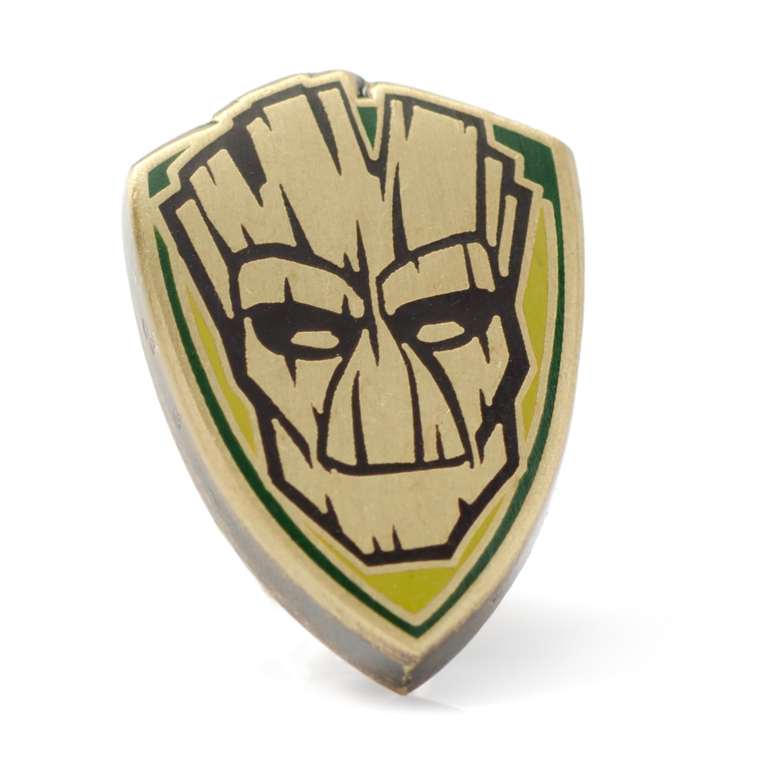 Close-up of a shield-shaped Marvel Groot lapel pin featuring a bronze bark texture against green and yellow accents.