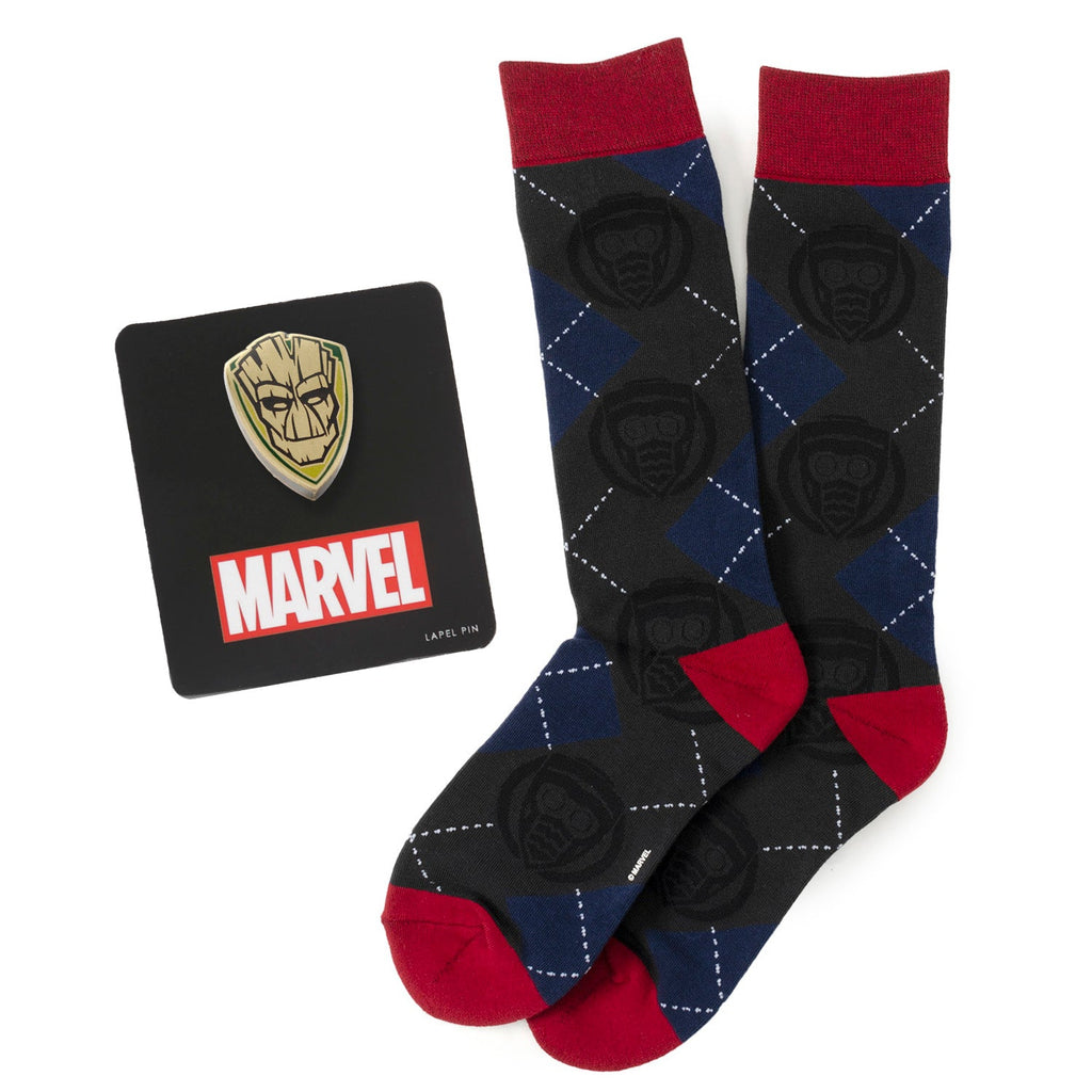 Marvel Guardians of the Galaxy gift set featuring charcoal argyle socks with Star-Lord helmet design and a Groot lapel pin.